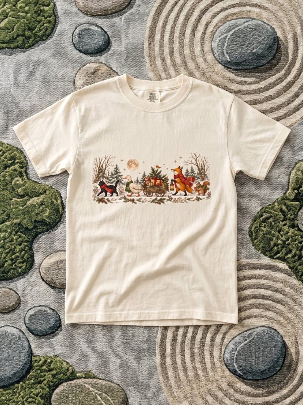 Cozy Woodland Animals Winter Holiday Cream Graphic T-Shirt